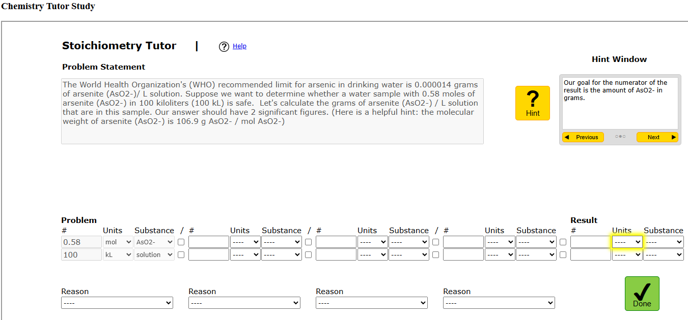 The image is a screenshot of the StoichTutor interface showing a stoichiometry problem with input fields plus a hint and a Done button.